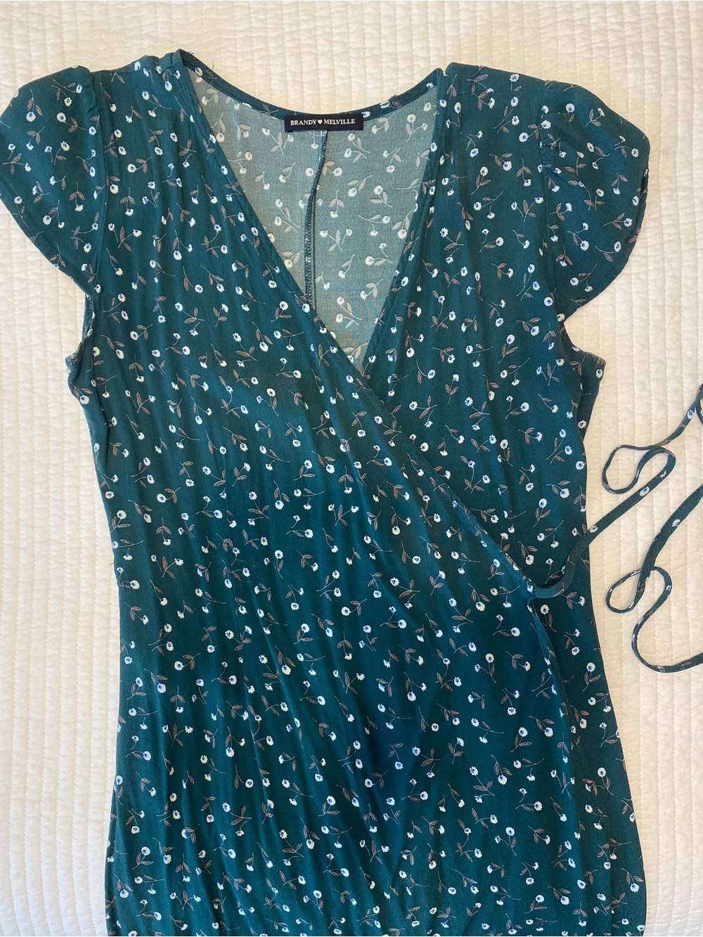 Brandy Melville Teal Floral Wrap-Style Short Sleeve Dress